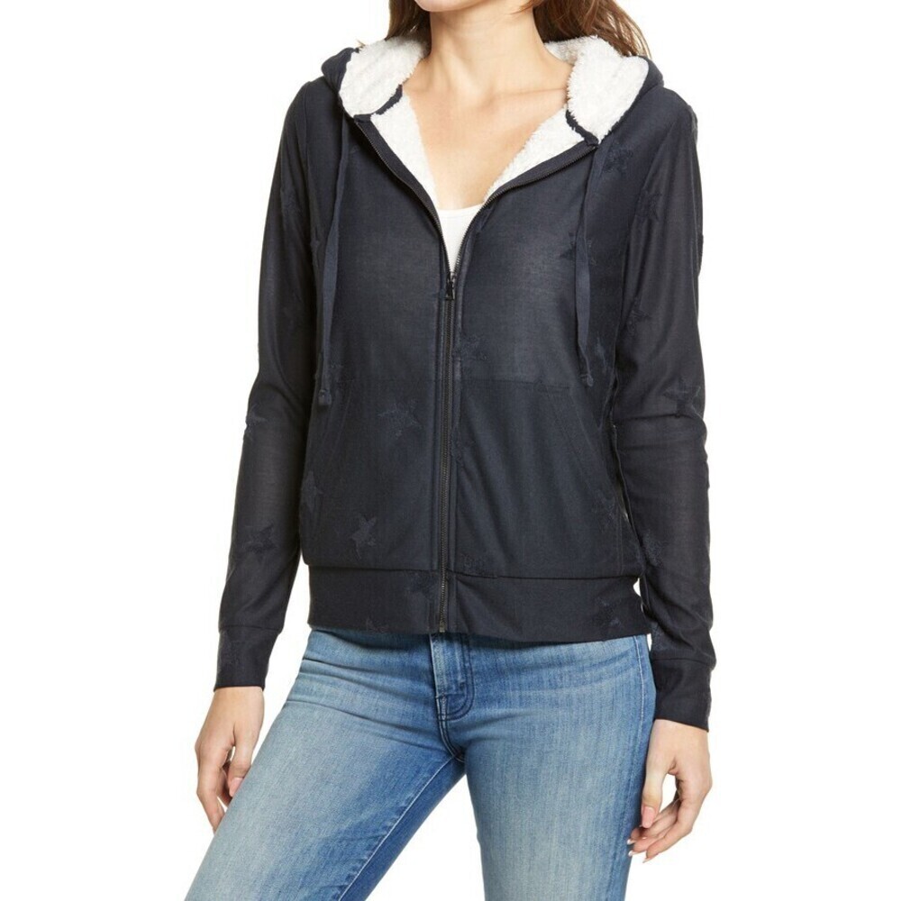 Bobeau Flocked Zip Hoodie In Denim Stars Size XS
